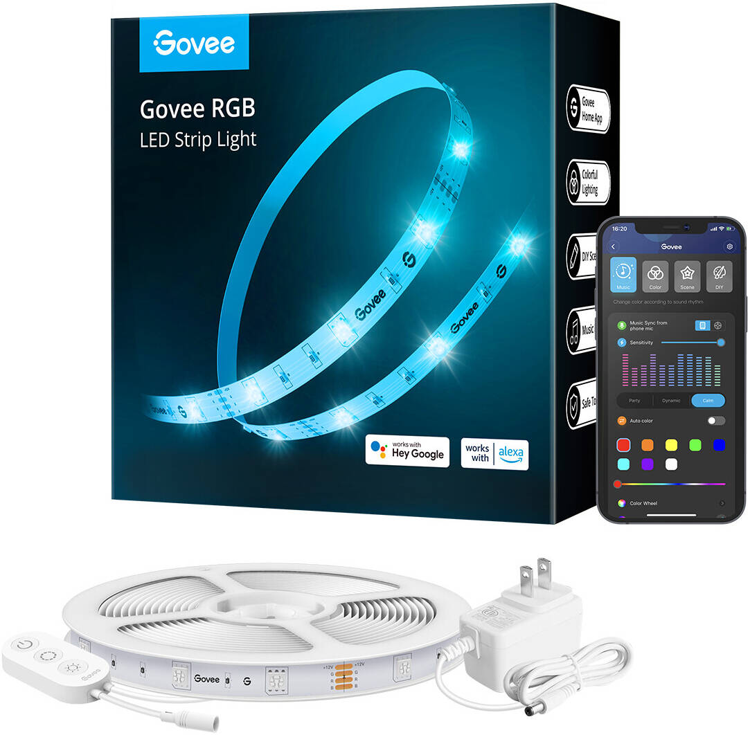 Govee RGB LED Strip Lights, RGB Colors, 90 LEDs/m Lamp Beads, 2.4GHz Wi-Fi + Bluetooth Connectivity Govee RGB LED Strip Lights, RGB Colors, 90 LEDs/m Lamp Beads, 2.4GHz Wi-Fi + Bluetooth Connectivity